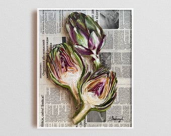May include: A framed still life painting featuring three artichokes. Two artichokes are halved, revealing the inner layers, and one is whole. The artichokes are painted in shades of green, purple, and brown, set against a newspaper background.