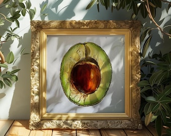 May include: A framed painting of a halved avocado with a brown pit. The avocado is green and has a textured skin. The frame is gold and ornate.