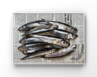 Sardines Painting: Original Oil Seafood Art on Newspaper (8x12)