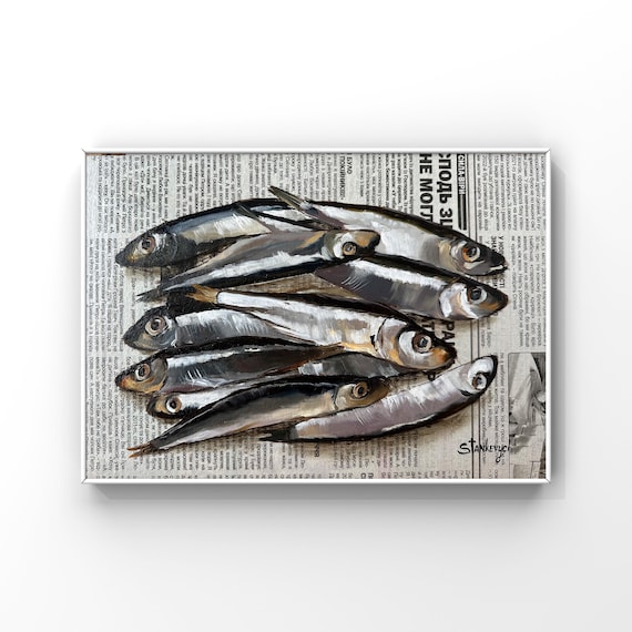 Sardines Painting: Original Oil Seafood Art on Newspaper (8x12)