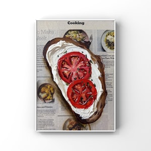 Tomato wall art Original oil painting 3d textured Cream cheese toast Cottagecore art Food painting Kitchen wall decor Impasto Newspaper art