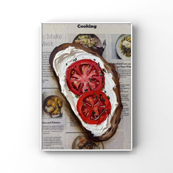 Tomato wall art Original oil painting 3d textured Cream cheese toast Cottagecore art Food painting Kitchen wall decor Impasto Newspaper art