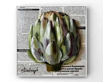 Artichoke art Original oil painting Newspaper art Food wall decor Vegetable art