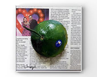 ライム油絵：柑橘系の果物アート、新聞紙の質感 - 6x6インチ - Etsy 日本