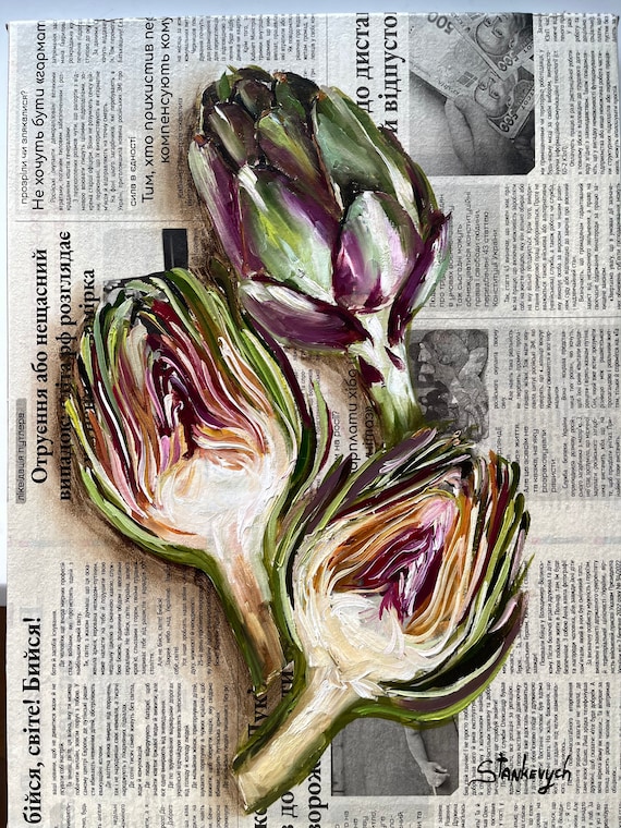 アーティチョークアート オリジナル油絵 新聞アート 食べ物の壁飾り