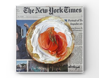 Bagel with lox on NYT Impasto 3d painting Food Newspaper art Breakfast Original oil painting wall trendy kitchen decor textured foodie gift