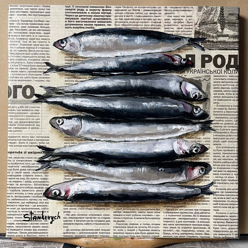 Fish painting Seafood painting Sardine art Food painting Original oil painting Newspaper art image 4