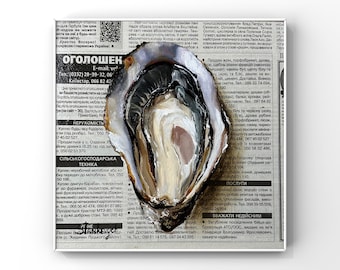 Oyster art Original oil painting Coastal art Seafood wall art Food painting Newspaper art Food wall decor