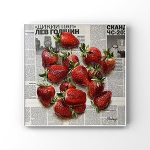 Strawberry art Fruit wall art Strawberry painting Still life painting Newspaper art Original oil painting Fruit painting