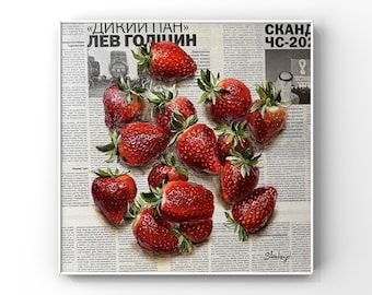 Strawberry art Fruit wall art Strawberry painting Still life painting Newspaper art Original oil painting Fruit painting