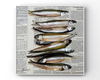 Fish painting Original oil painting Seafood Sardine art Food wall decor Fisherman Gift Housewarming Cafe Kitchen decor Newspaper art