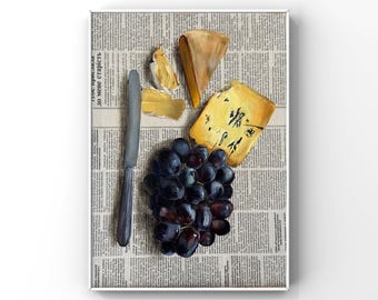 Cheese painting Grapes Food wall art Original oil painting Newspaper art Breakfast French Food wall decor Dinning  Original kitchen wall art