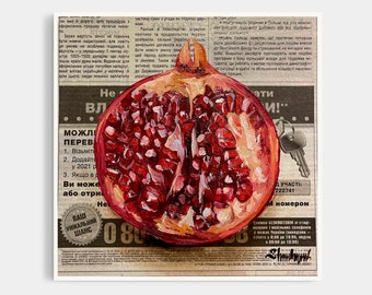 Pomegranate art Fruit painting Original oil painting Fruit wall art Newspaper art Fruit Still life art by Julia Stankevych