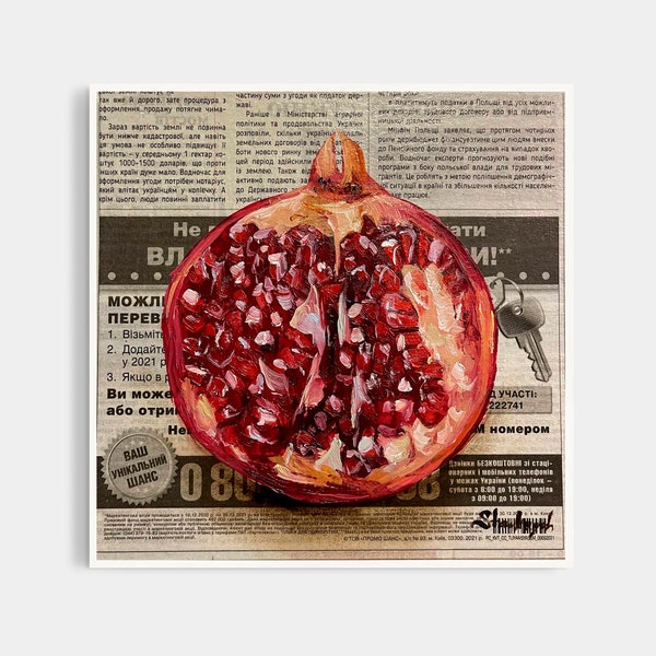 Pomegranate art Fruit painting Original oil painting Fruit wall art Newspaper art Fruit Still life art by Julia Stankevych