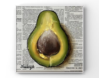 Avocado art Still life painting Vegetable art Original oil painting Newspaper art Food painting Avocado wall art