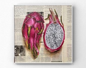 Dragon fruit art Fruit wall art Fruit painting Still life painting Newspaper art Fruit still life