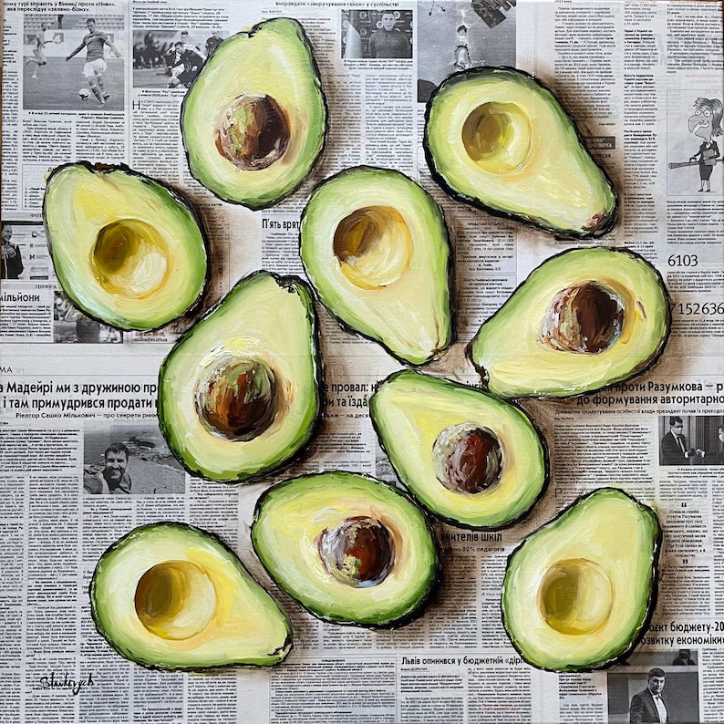 May include: A still life painting of 10 avocados on a newspaper background. The avocados are painted in a realistic style with green skin and brown pits. The newspaper is printed in a variety of languages.