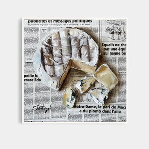 Cheese painting Food painting Original oil painting Newspaper art Camembert art Breakfast art Food wall art