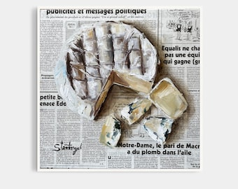 Cheese painting Food painting Original oil painting Newspaper art Camembert art Breakfast art Food wall art