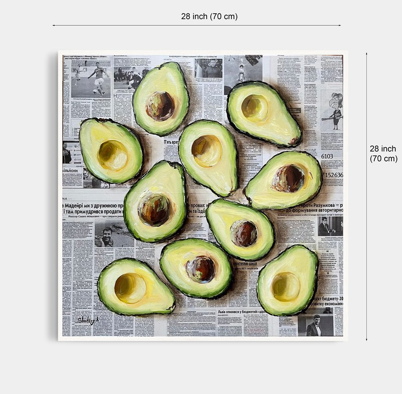 May include: A painting of 10 avocado halves arranged on a newspaper background. The avocados are painted in a realistic style with green skin and brown pits. The newspaper is printed in black and white and has text in Russian.