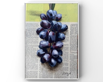 Grape wall art Original oil painting Fruit still life painting Newspaper art Painting for kitchen cafe dinning room