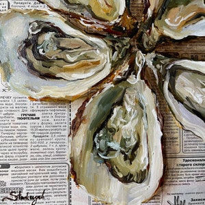 May include: A close-up of a painting of a flower with brown, green, and white paint. The flower is painted on top of a newspaper article with text about food and health.
