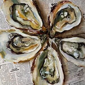 May include: A painting of five oysters on a newspaper background. The oysters are painted in a realistic style with white, brown, and green colors. The newspaper text is partially visible and includes the words "ням-ням" and "НЕ ЗГАЙТЕ ЧАС".