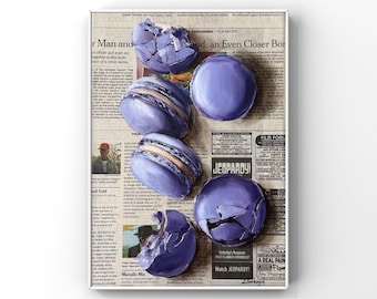 Macarons Sweets Original Oil Painting on Newspaper Trendy 3D Wall Art Kitchen Decor French Food Art Gift for Her