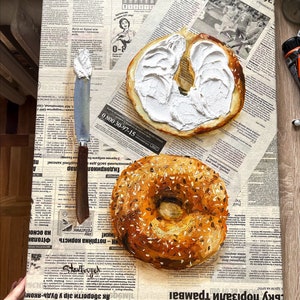 Bagel painting Impasto painting Original acrylic paining Newspaper art Breakfast painting image 3