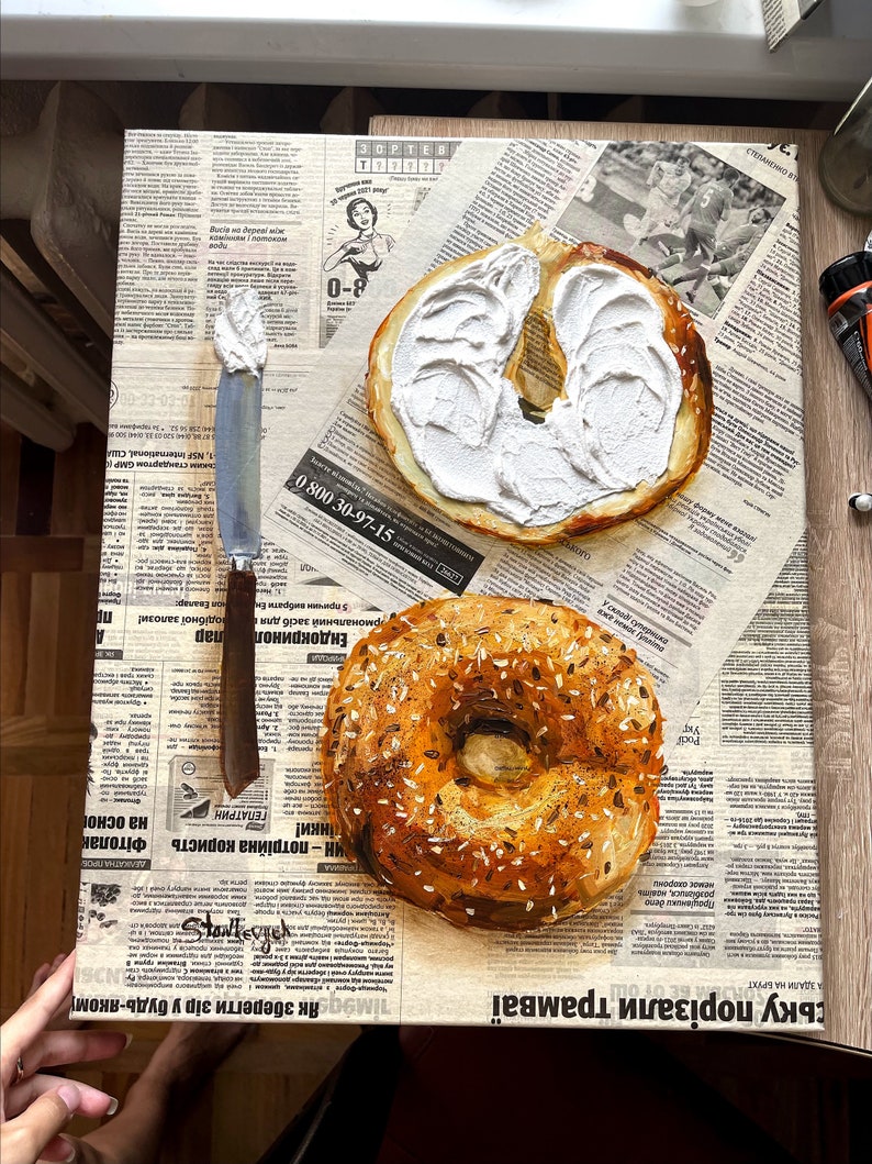 Bagel painting Impasto painting Original acrylic paining Newspaper art Breakfast painting image 3