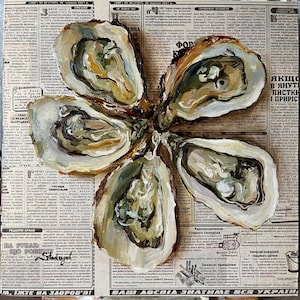 May include: Five oyster shells arranged in a flower shape, painted in shades of white, brown, and green, on a background of a newspaper print.