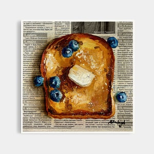 Pintura de torrada francesa Pintura de mirtilo Arte de jornal Pintura de comida Pintura de café da manhã 8x8&quot; por Julia Stankevych