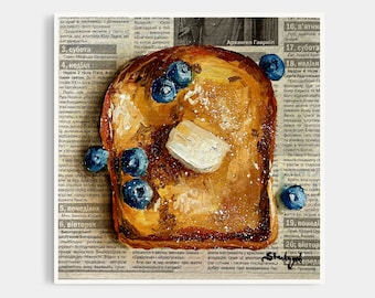 French toast painting Blueberry painting Newspaper art Food painting Breakfast painting 8x8" by Julia Stankevych