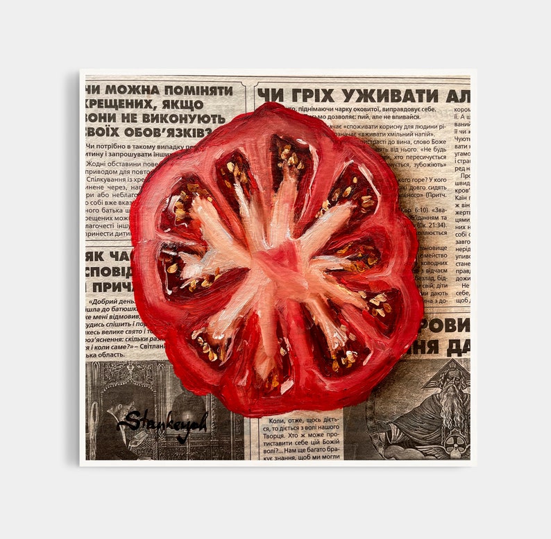 Tomatmålning Tomatkonst Tidningskonst Matmålning Grönsaksmålning Fruktmålning bild 1