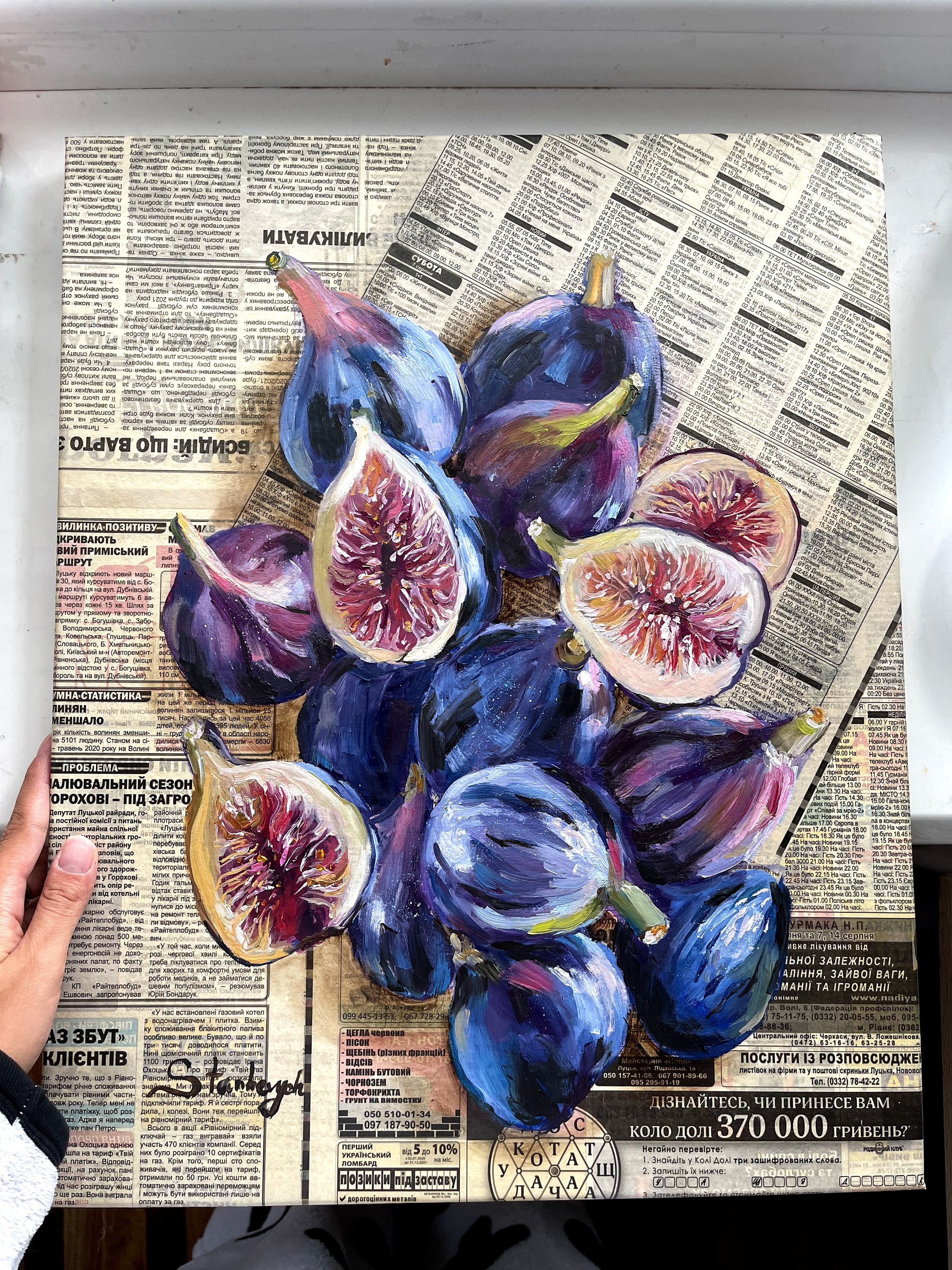 フルーツの壁アート、イチジクの絵画、新聞アート、オリジナル油絵