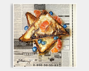 French toast painting Newspaper art Food painting Breakfast painting Original oil painting Blueberry painting