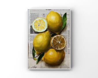 Lemon painting Original oil painting Fruit wall art Citrus Cafe wall decor Newspaper Farmhouse art for kitchen Lemons Sicily