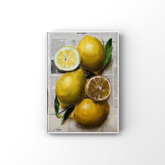 Lemon painting Original oil painting Fruit wall art Citrus Cafe wall decor Newspaper Farmhouse art for kitchen Lemons Sicily