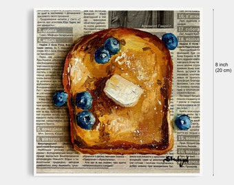 フレンチトーストの絵画、ブルーベリーの絵画、新聞アート、食べ物の