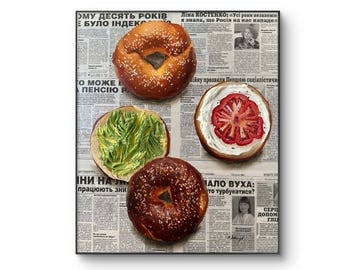 Bagel with tomato Impasto 3d painting Food wall art decor NYT Breakfast Dinning room Original painting Textured Avocado kitchen decor