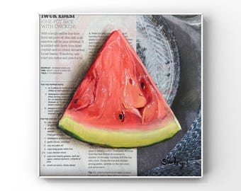 Watermelon art Original Oil Painting Fruit painting Still life Newspaper wall decor Summer Trendy colorful art for kitchen