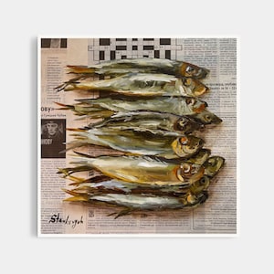 Fish painting Seafood painting Sardine art Food painting Original oil painting Sardine painting Newspaper art by Julia Stankevych