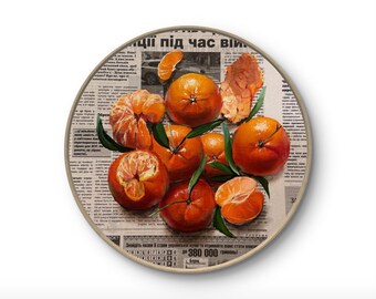 Orange original oil painting Fruit wall decor apartment Citrus Newspaper art Fruit Kitchen Cafe Farmhouse Christmas art Handmade gift