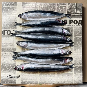 Fish painting Seafood painting Sardine art Food painting Original oil painting Newspaper art image 2