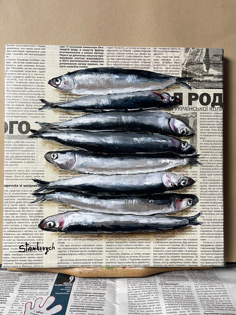 Fish painting Seafood painting Sardine art Food painting Original oil painting Newspaper art image 2