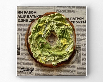 Avocado bagel painting Impasto painting Food painting Avocado wall art Newspaper art