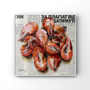 Shrimps art Seafood Food painting Original oil art Newspaper art Coastal Seafood wall art fish Cafe decor fisherman gift sea lovers kitchen