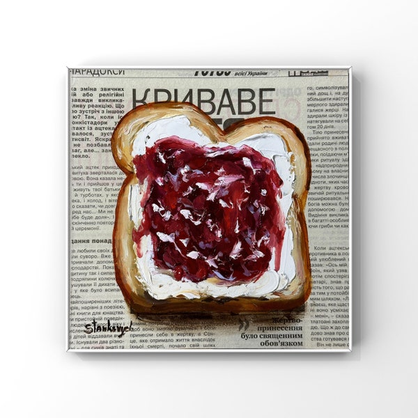 Jam Toast art Food painting Original Oil Painting Food wall art Newspaper art Still life painting