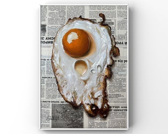 Egg painting Food art Original oil painting Newspaper art Fried egg Breakfast painting Food painting
