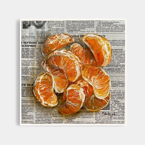 Pintura de mandarina Pintura de naranja Pintura al óleo original Pintura de cítricos Arte de periódico Pintura de frutas Pintura de regalo hecha a mano Arte de cítricos